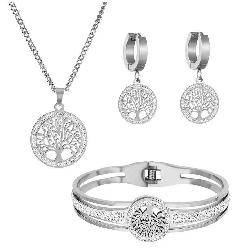 4pcs/Set Stainless Steel Hollow  Tree Of Life Peace Pendant Necklace Bracelet Earrings Ladies Wedding Jewelry Set